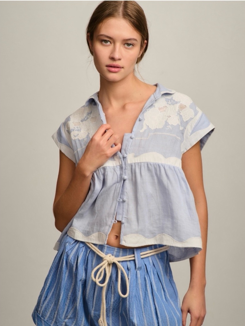 Anthropologie Pale Blue & White lace appliqué short sleeve blouse